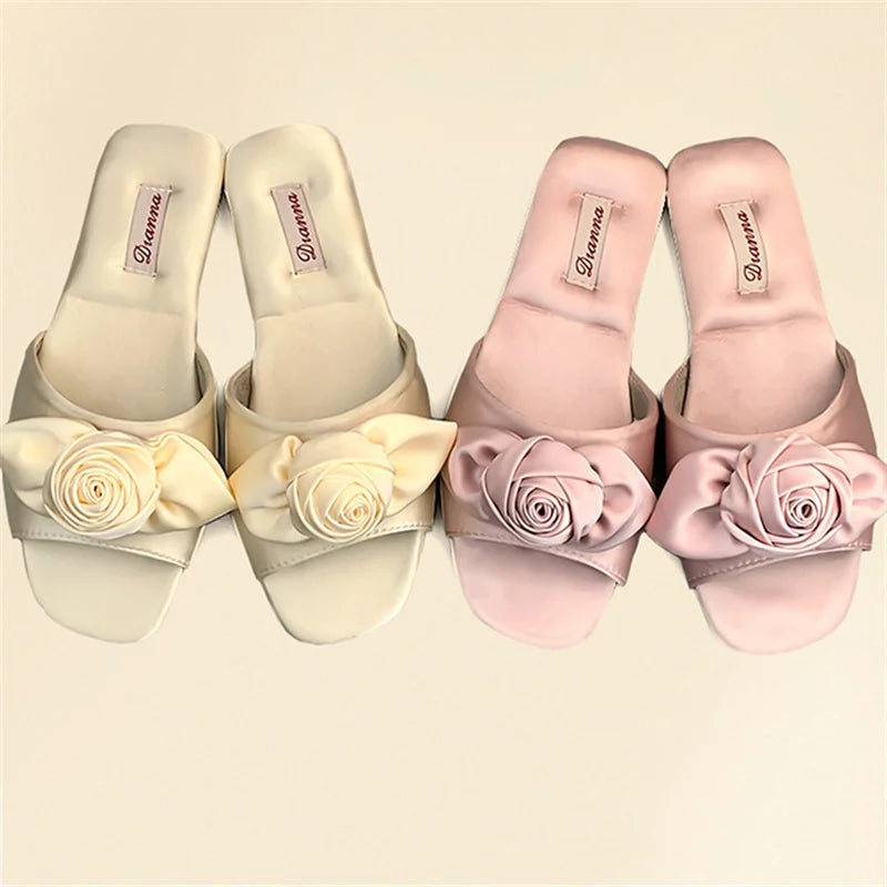Elegant Rose Satin Women's Slippers Bride Wedding Slipper Wedding Photo Props Bridesmaid Romantic Gifts Summer Shoes Sandals