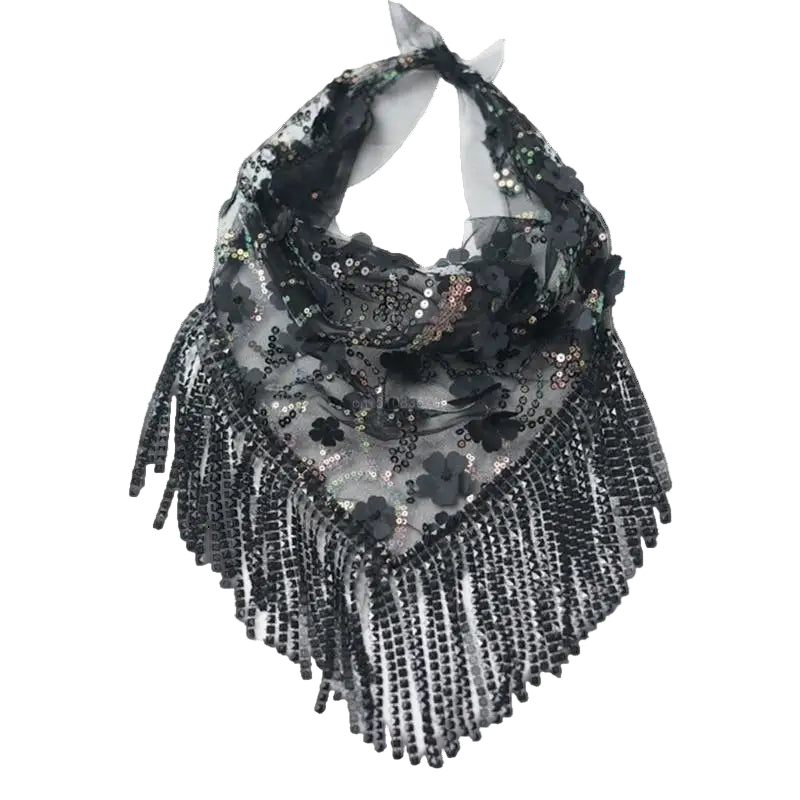 Black and silver beaded scarf with fringe on a white background