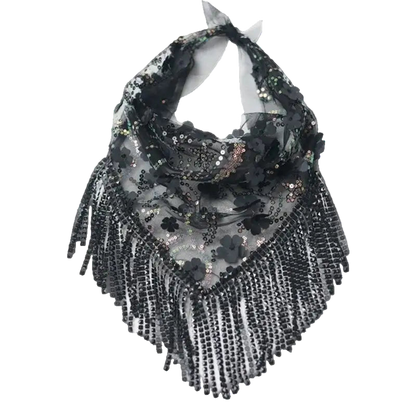 Black and silver beaded scarf with fringe on a white background