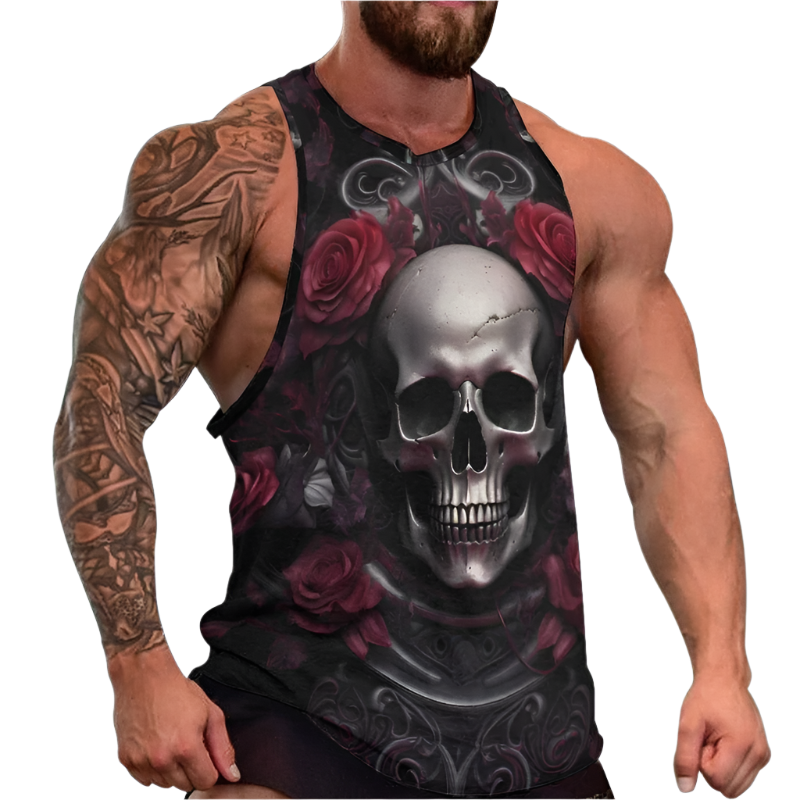 Tank top with skull and roses design worn by a person