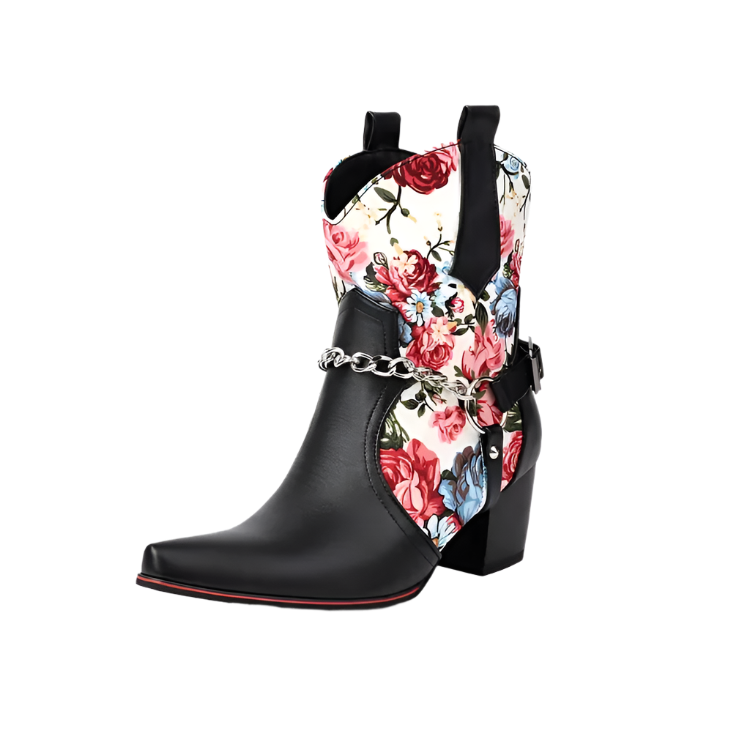 Black ankle boot with floral patterned shaft on a white background