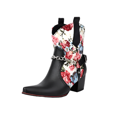 Black ankle boot with floral patterned shaft on a white background