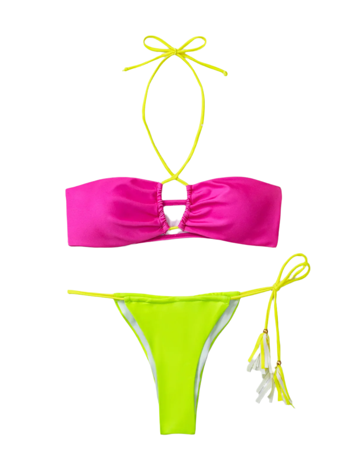 A vibrant bikini with a hot pink top and neon green bottoms. It features a minimal design with string ties, creating a bold and colorful look.