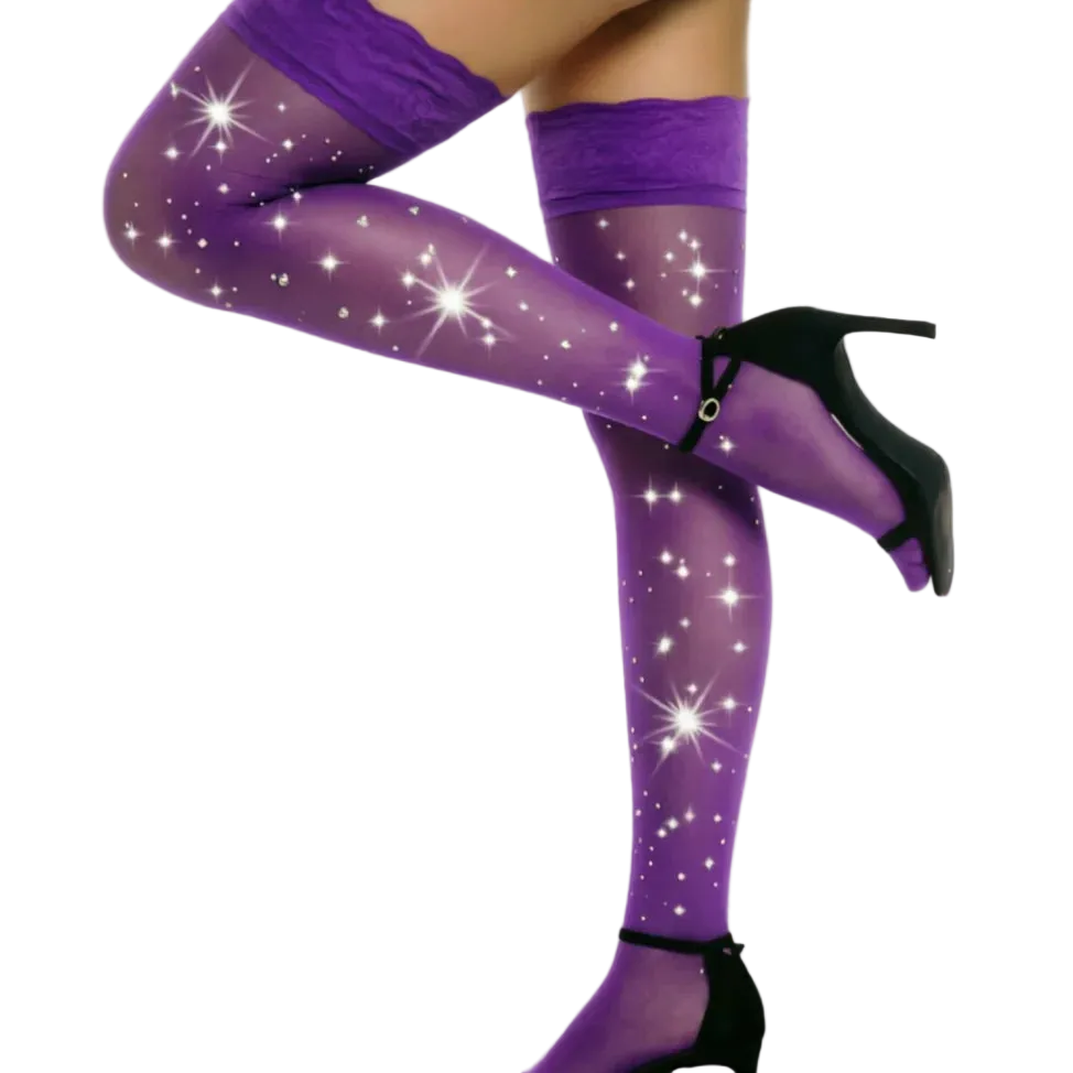 Women’s Rhinestone Thigh High Stockings | Neon Sheer Sparkle Hosiery