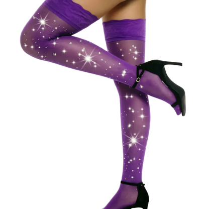 Women’s Rhinestone Thigh High Stockings | Neon Sheer Sparkle Hosiery