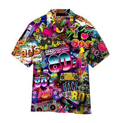 Colorful shirt with 80s-themed graphics on a white background