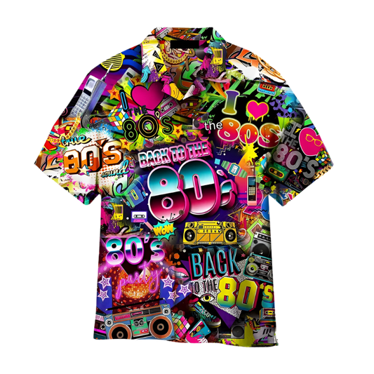 Colorful shirt with 80s-themed graphics on a white background