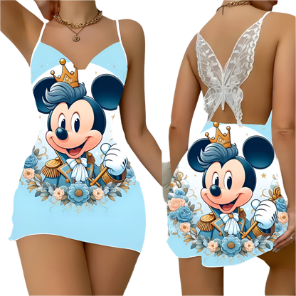 a colorful dress featuring a vibrant galaxy pattern with shades of blue, pink, and purple. The front of the dress has a playful design with a cartoon character covering its eyes. The back of the dress is open, showcasing a delicate lace butterfly detail. The dress has thin straps and a form-fitting silhouette.