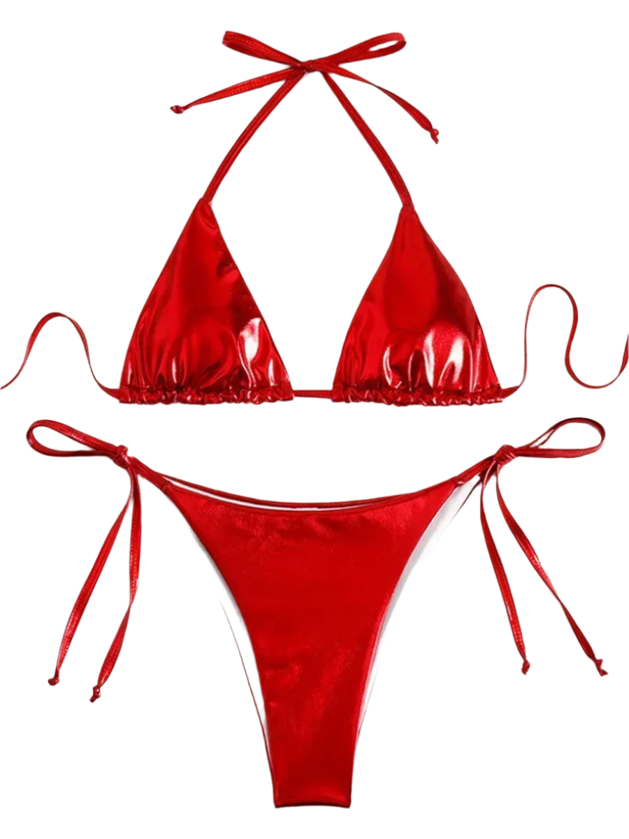 A shiny, iridescent bikini in shades of red. It features a classic triangle top and tie-side bottoms, creating a vibrant and eye-catching beachwear style.