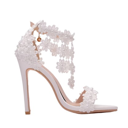 Ankle Strap Sandals | Elegant White Lace Flower Design