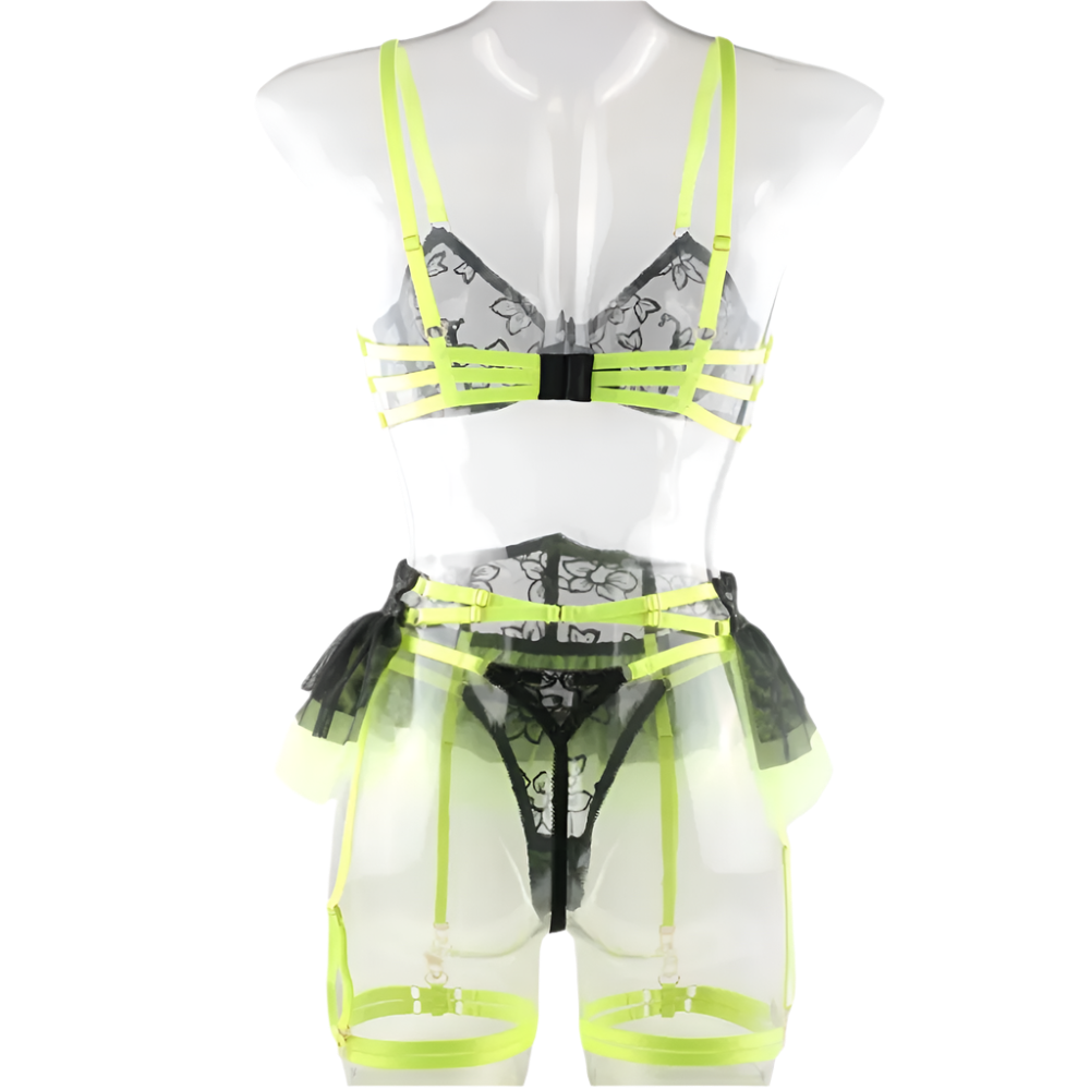 Lingerie set with green and black tutu-style skirt, yellow stockings