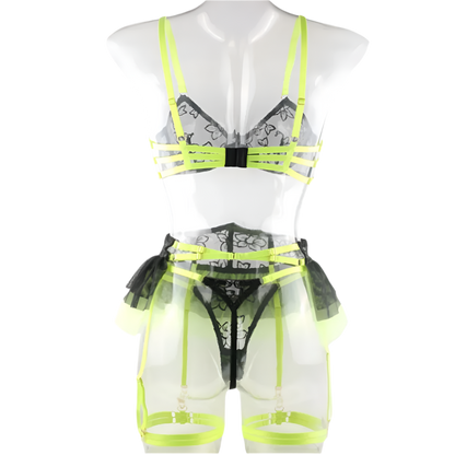 Lingerie set with green and black tutu-style skirt, yellow stockings