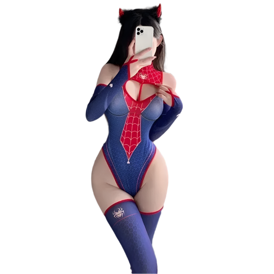 Spider Web Bodysuit Costume Set - Complete with Heart Print Design, Stockings and Gloves