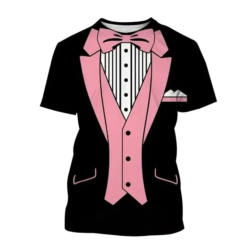 A black short-sleeve t-shirt featuring a pink and white formal tuxedo graphic print, with the word 'Pink' written in pink text in the upper left corner.