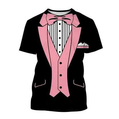 A black short-sleeve t-shirt featuring a pink and white formal tuxedo graphic print, with the word 'Pink' written in pink text in the upper left corner.