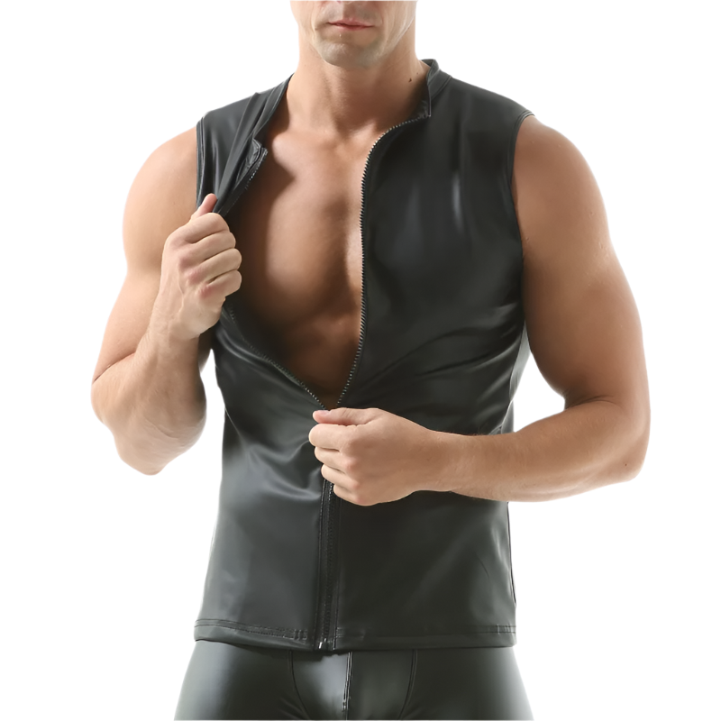 Man wearing a black leather vest on a white background