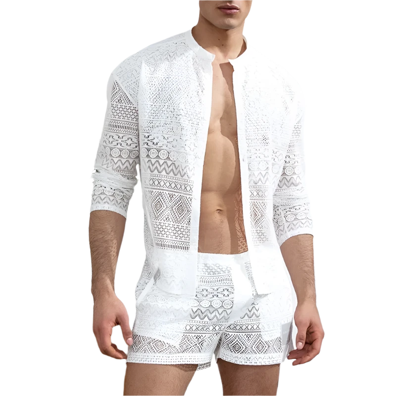 Long-sleeved Lace Cut-out Shirt and Casual Shorts Men's Set