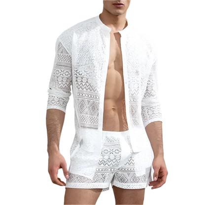 Long-sleeved Lace Cut-out Shirt and Casual Shorts Men's Set