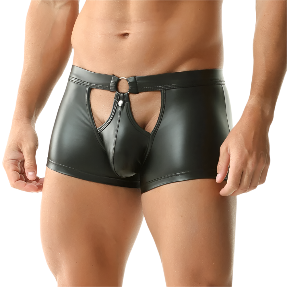 Black leather underwear with cut-out design on a white background