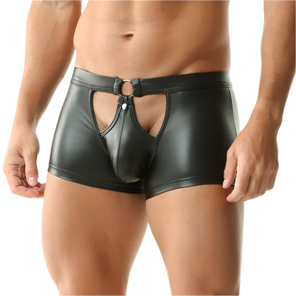 Black leather underwear with cut-out design on a white background