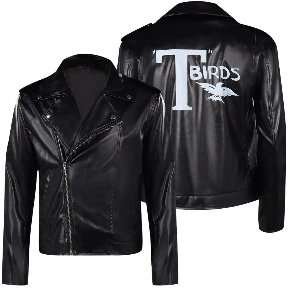 Black leather jacket with 'T Birds' and eagle design on the back