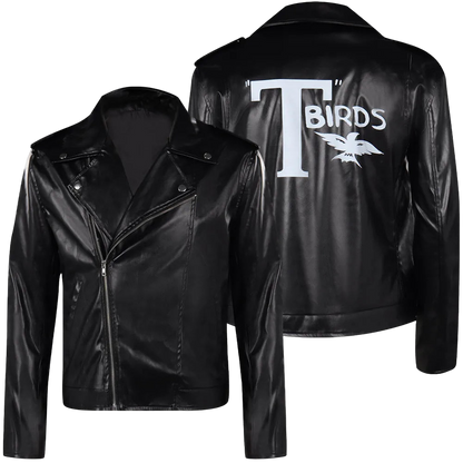 Black leather jacket with 'T Birds' and eagle design on the back