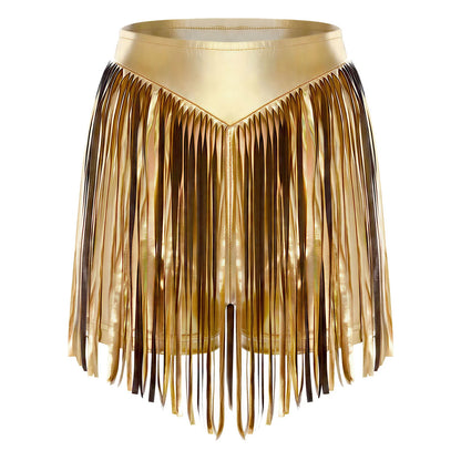 Women Iridescent Metallic Hot Pants with Fringed High Waist Tassel Skirted Shorts Cheeky Shorts Stage Dance Jazz Rock Clubwear