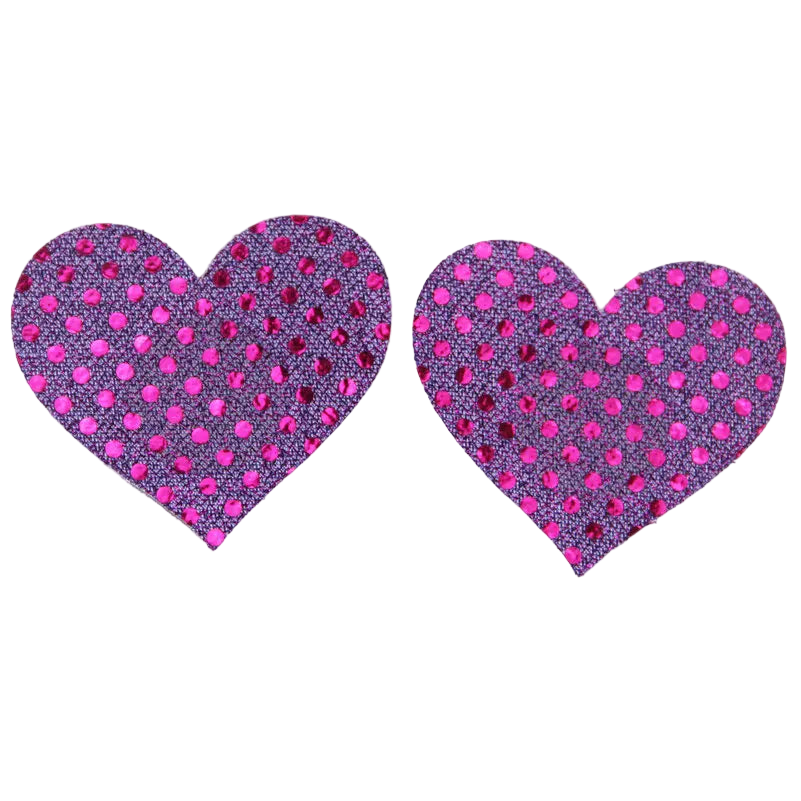 Heart-shaped pasties with purple and pink polka dot pattern on a white background