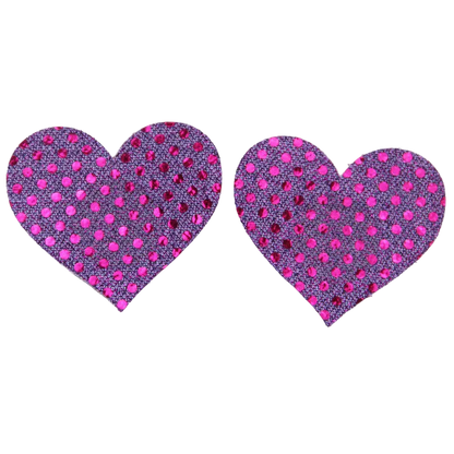Heart-shaped pasties with purple and pink polka dot pattern on a white background