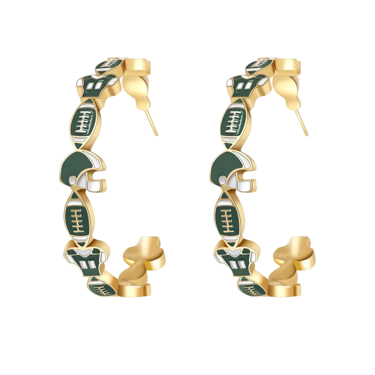 Gold and green earrings on a white background