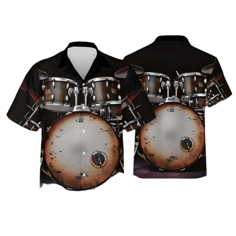 Black shirt with a drum set design on a plain background