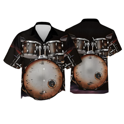 Black shirt with a drum set design on a plain background