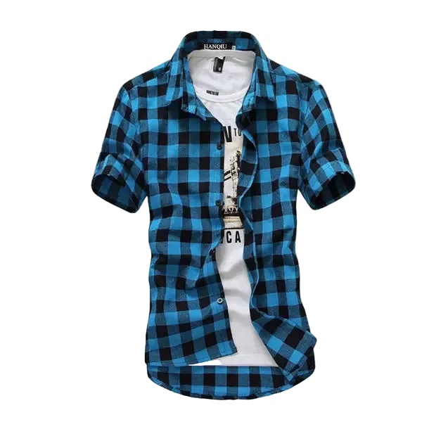 Blue and black checkered shirt over a white t-shirt on a white background