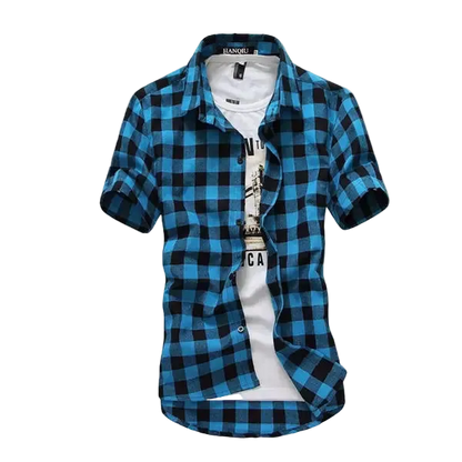 Blue and black checkered shirt over a white t-shirt on a white background