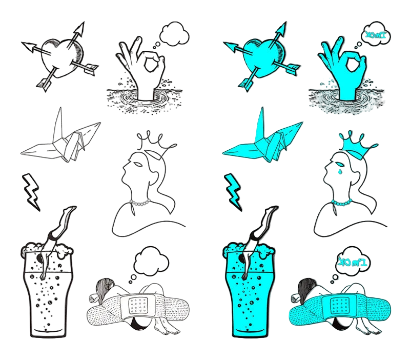 Set of temporary tattoos with black and white designs on the left and blue ink versions on the right.