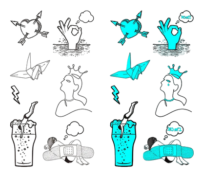 Set of temporary tattoos with black and white designs on the left and blue ink versions on the right.