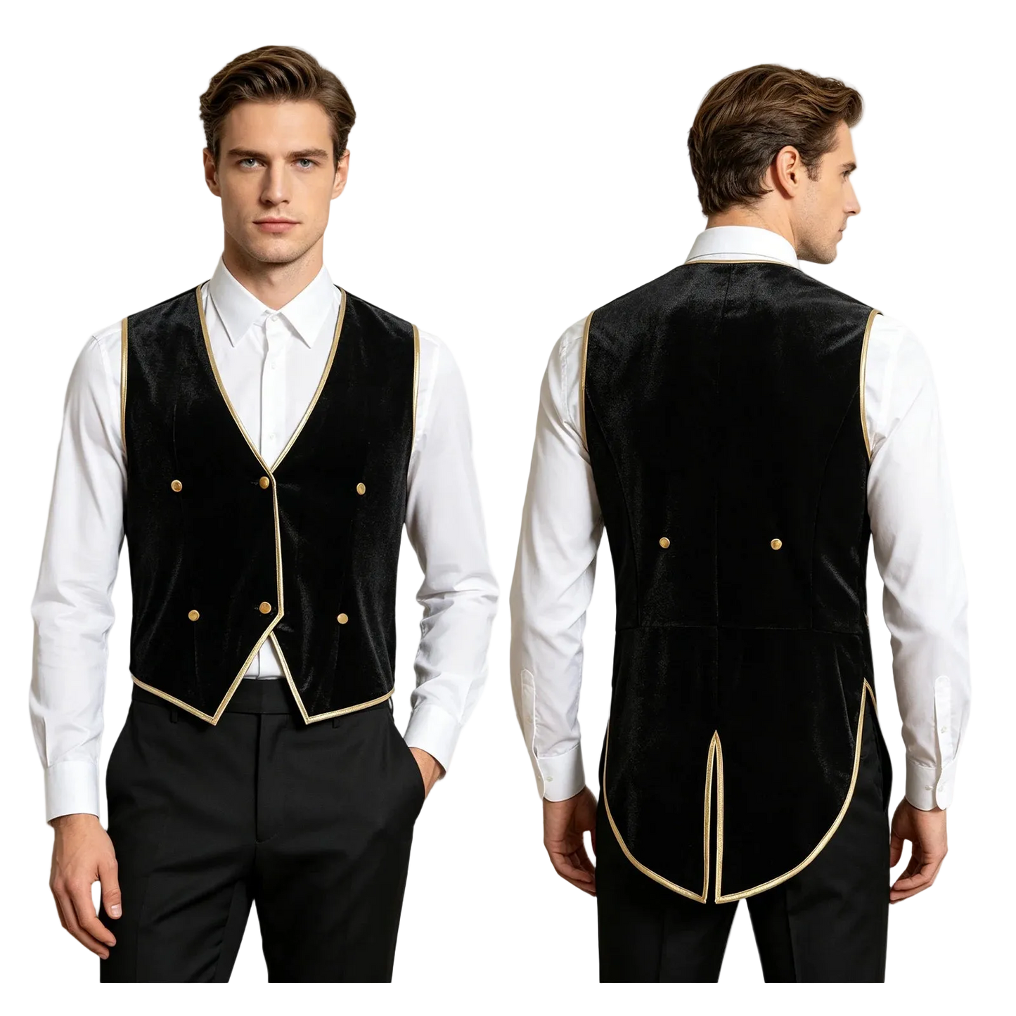 A man modeling a black velvet waiter vest with gold trim and gold buttons, shown from the front and back against a white background.