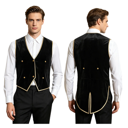 A man modeling a black velvet waiter vest with gold trim and gold buttons, shown from the front and back against a white background.