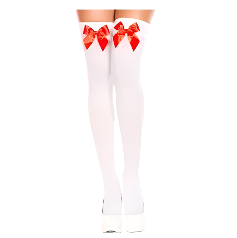 White thigh-high socks with red bows on a white background