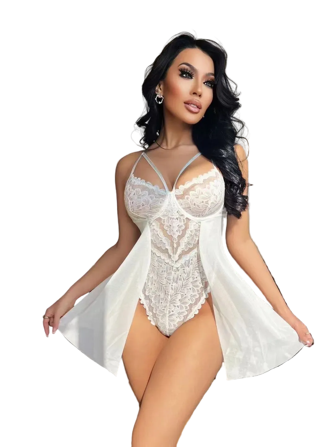 A woman models a white lace bodysuit with matching sheer open-front cover-up in a bedroom setting.