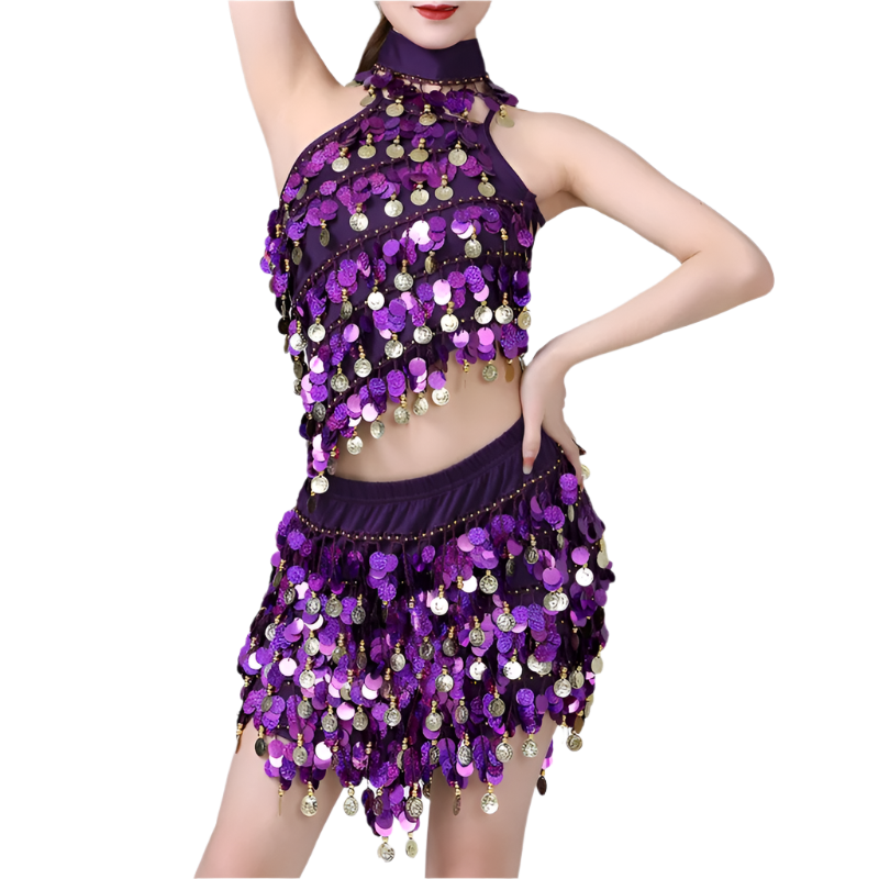  sequin coin tassel Latin dance set with fringe top and skirt for professional resort performances
