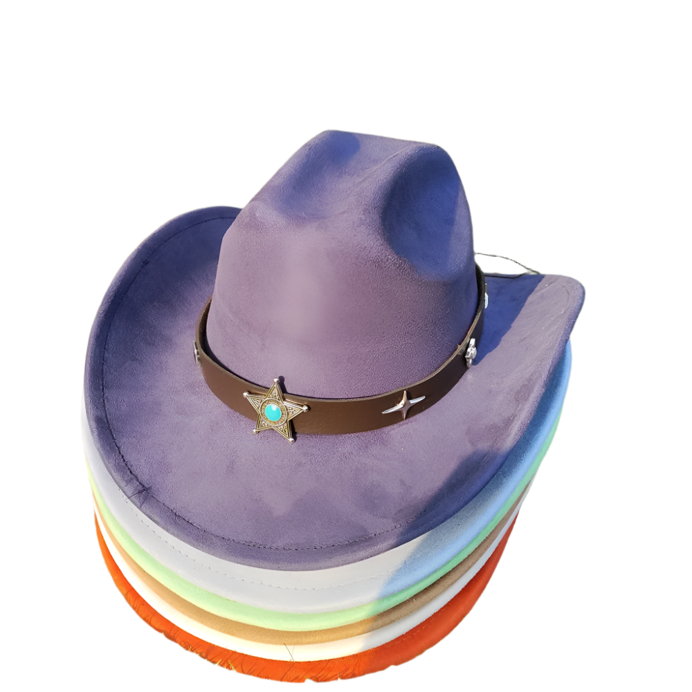 Stack of colorful hats with a purple top hat featuring a star and starfish design on a grassy background.