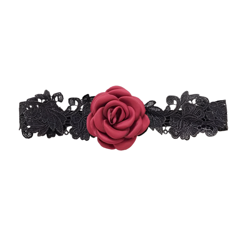 2-piece rose lace garter set in navy and red with floral details for romantic resort evenings

