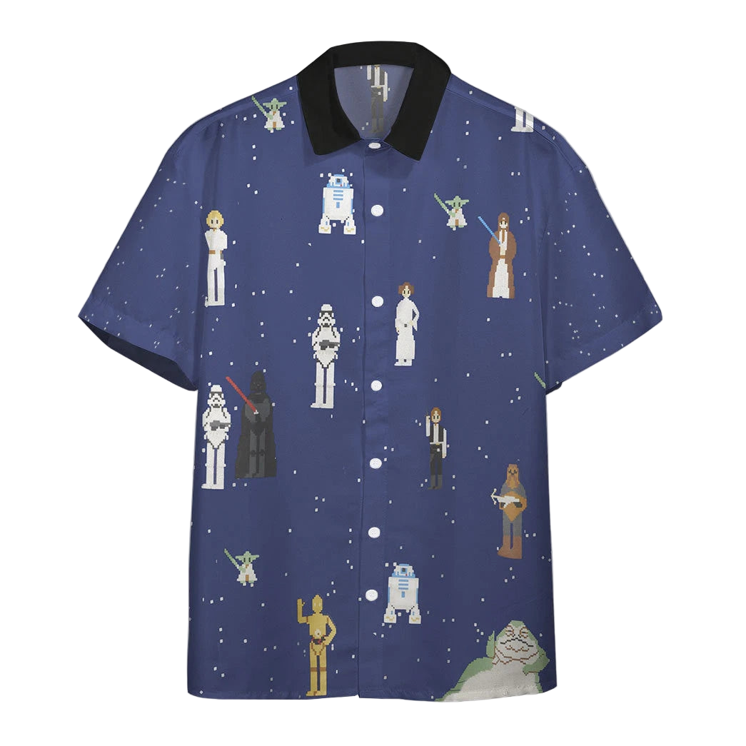 Blue shirt with Star Wars character pattern on a white background