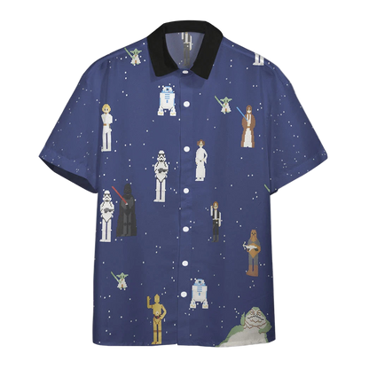 Blue shirt with Star Wars character pattern on a white background