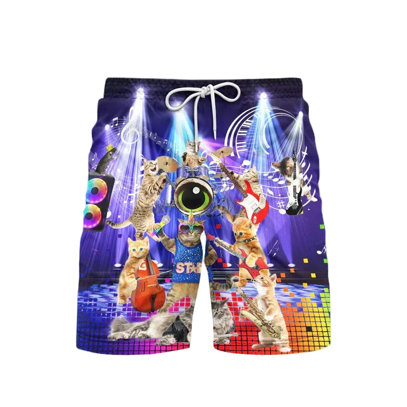 Colorful shorts with a design of cats performing on stage.