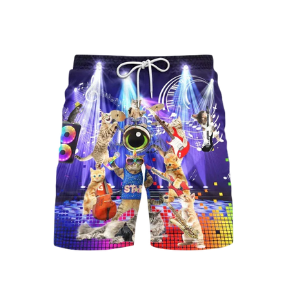 Colorful shorts with a design of cats performing on stage.