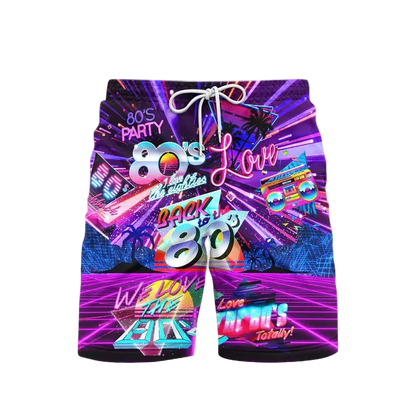 Colorful 80s-themed shorts with neon graphics on a white background