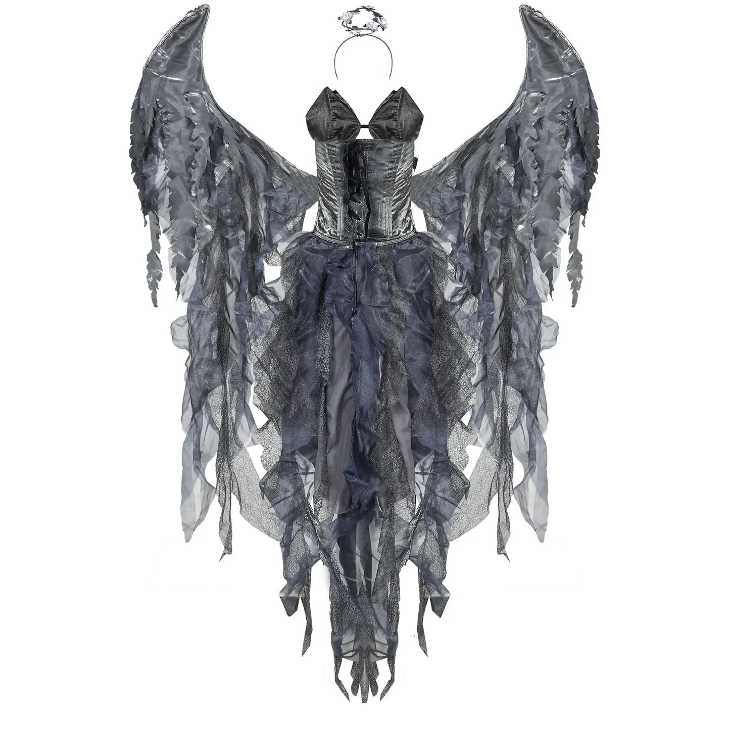 Angel Costume: A dramatic angel costume featuring large, silver wings and a corset-style top with intricate detailing. The outfit includes a layered tulle skirt, creating an ethereal and elegant look.

