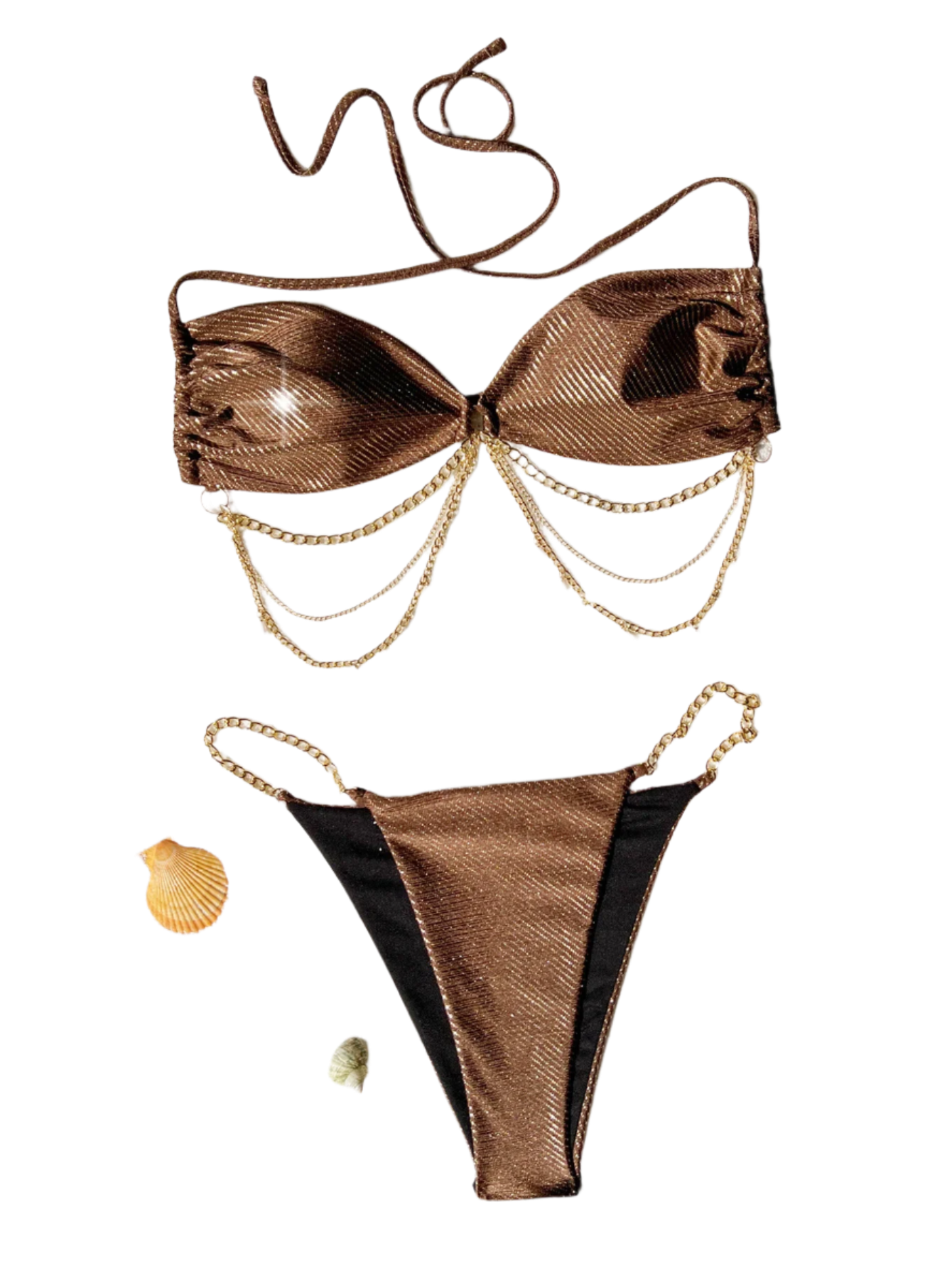 A glamorous brown bikini with a metallic sheen, adorned with gold chain embellishments. The set includes a bandeau top and matching bottoms, offering a luxurious and stylish appearance.